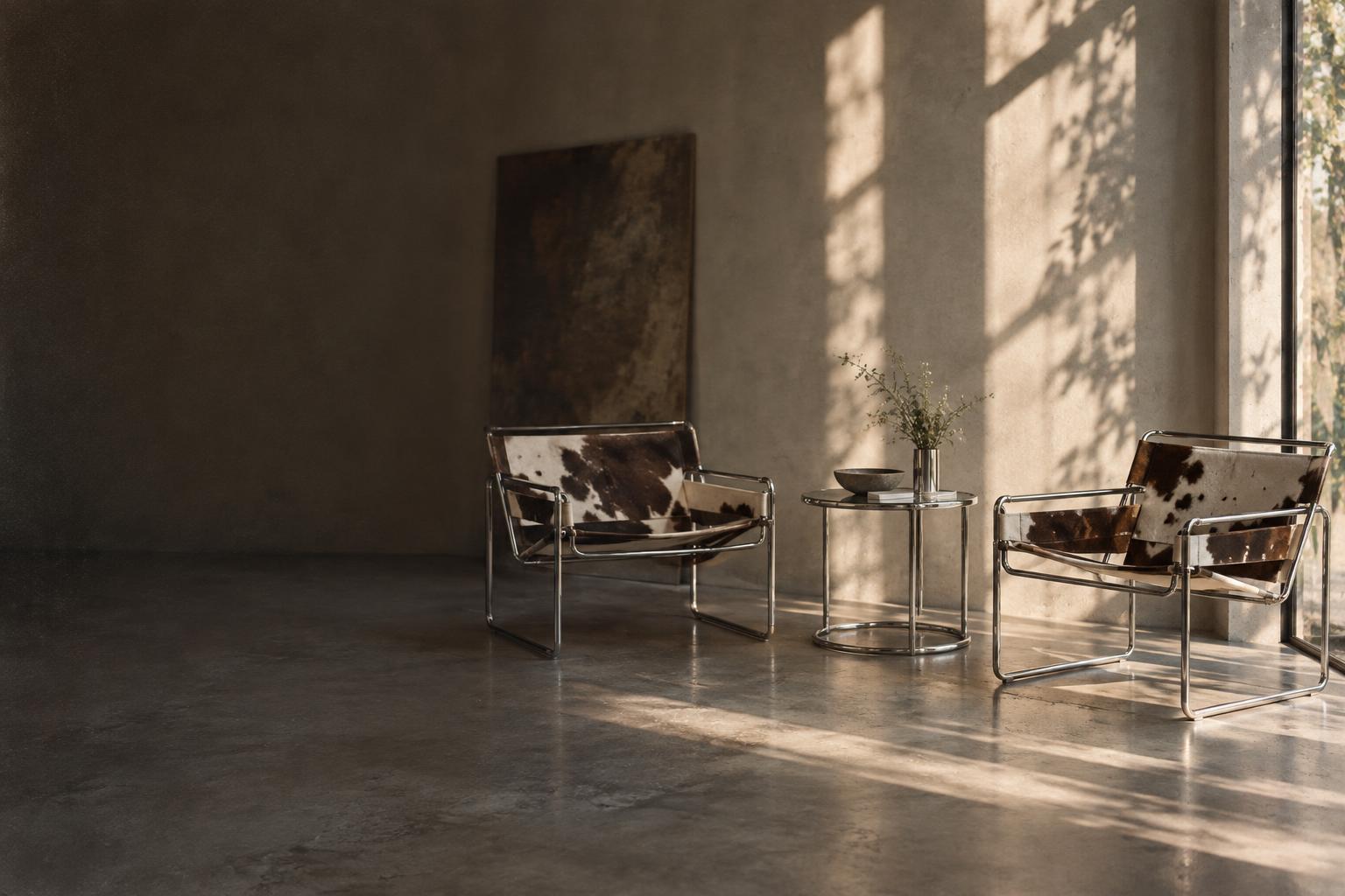 Two chrome sling chairs with cowhide seats and a small round side table in a concrete room.