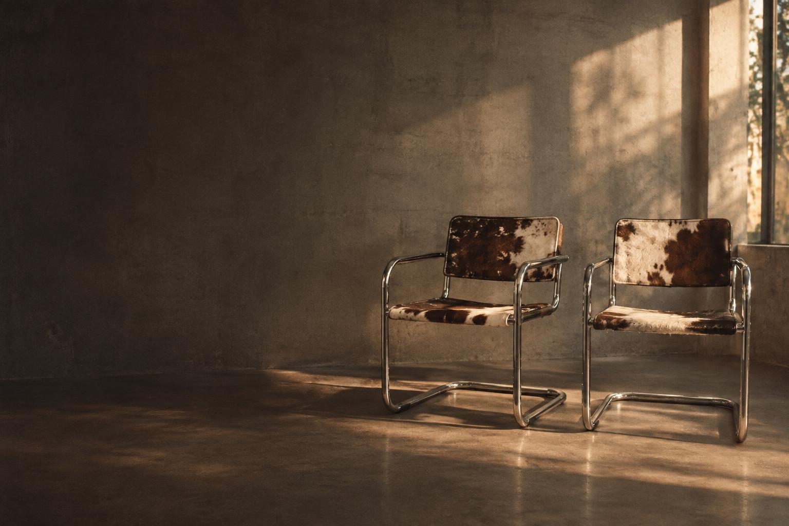 Two chrome cantilever chairs with cowhide seats against a warm concrete wall in afternoon light.