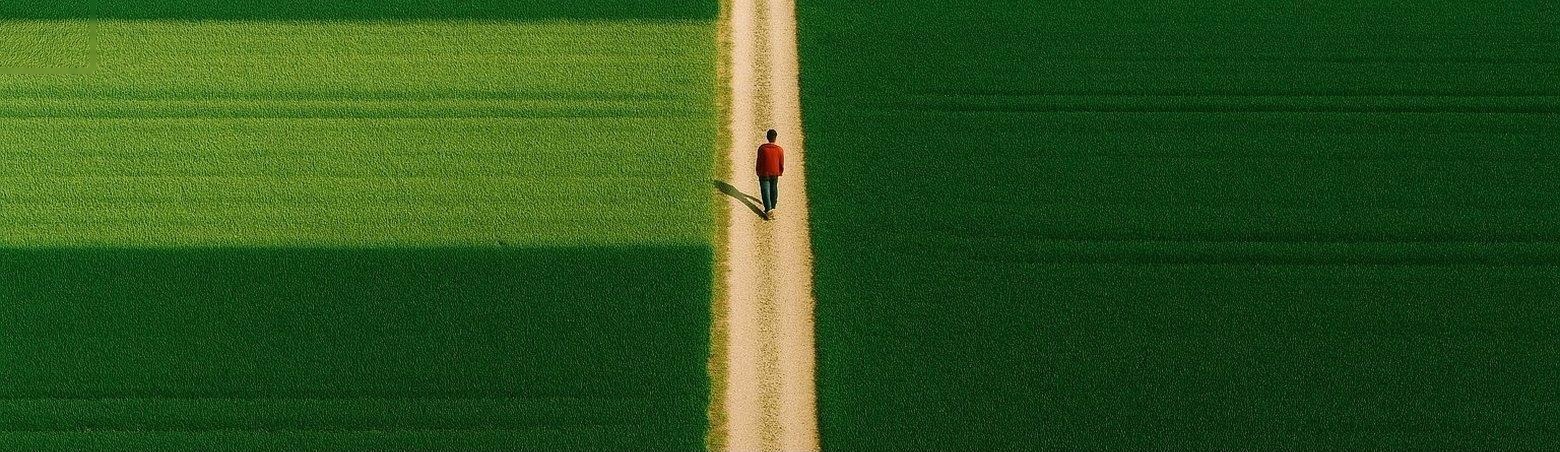A figure walking a straight path between green fields in wide stripes, seen from above.