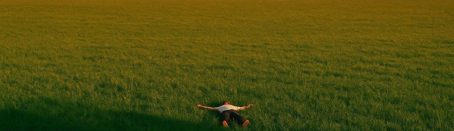 A person lying back in a wide field, arms outstretched.