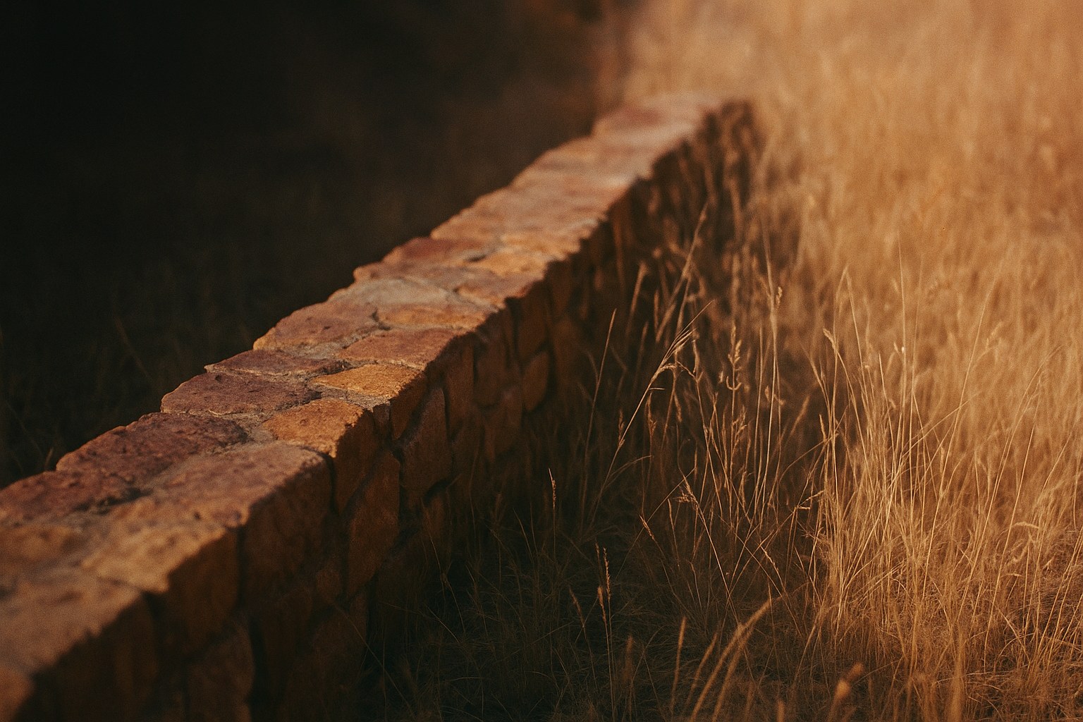 A low brick wall dividing sunlit golden grass.