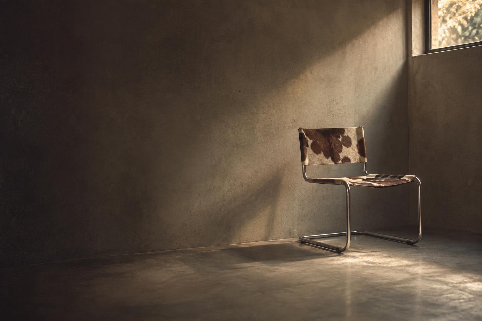 A chrome cantilever chair with a cowhide seat in the corner of a warm gray concrete room.