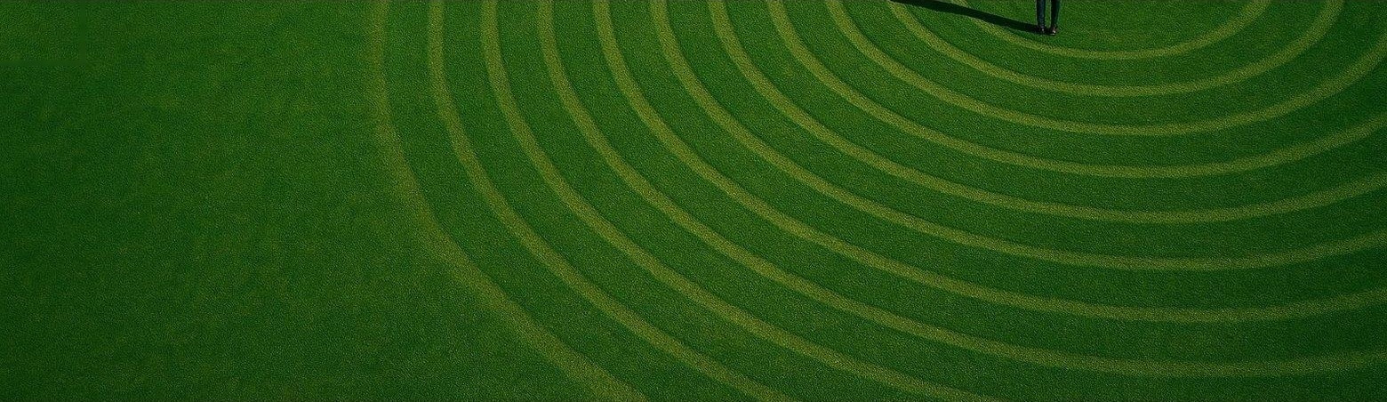 A lone figure standing inside concentric rings mown into a green lawn.