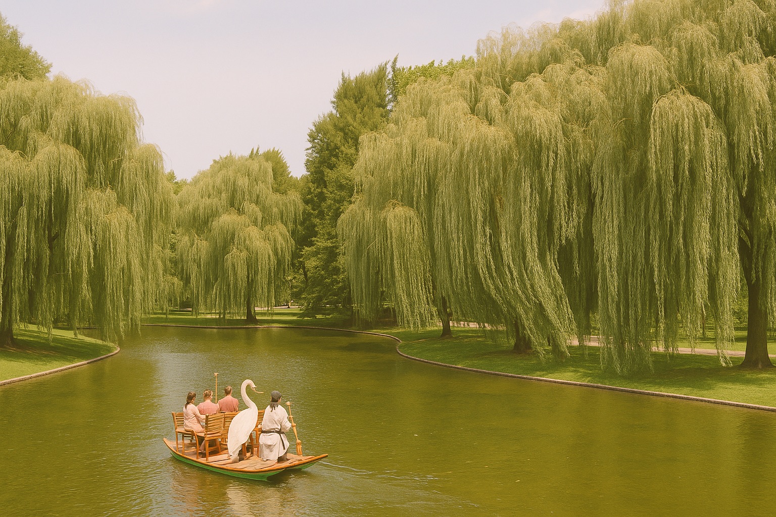 Old weeping willows leaning out over the still water of a city park pond.