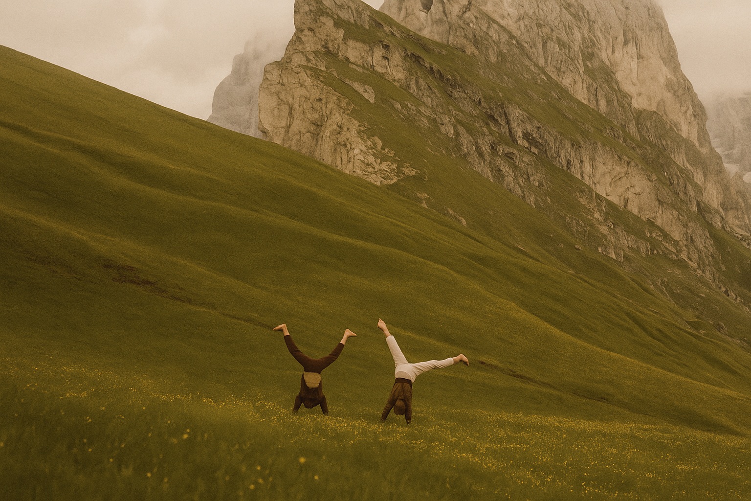 Two people doing handstands together in a wide alpine meadow below a cloud-topped rock face.