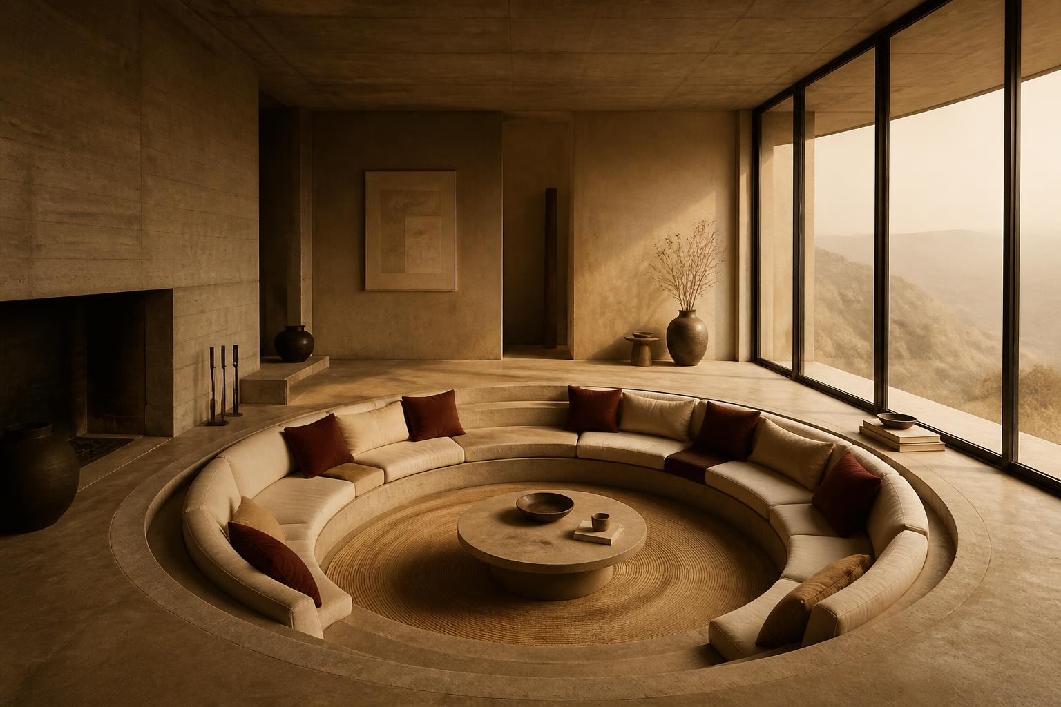 A warm concrete room with a sunken circular conversation pit, curved bench seating in ivory and wine, and tall windows opening onto hazy hills.